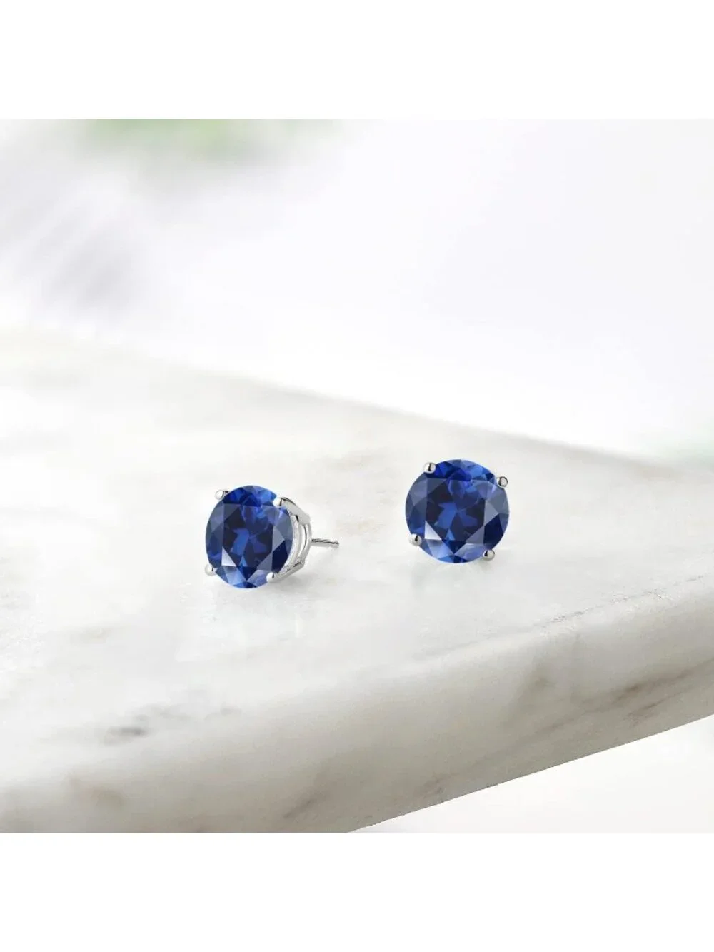 Womens Blue Sapphire 925 Sterling Silver Round Gemstone Birthstone Stud Earrings
